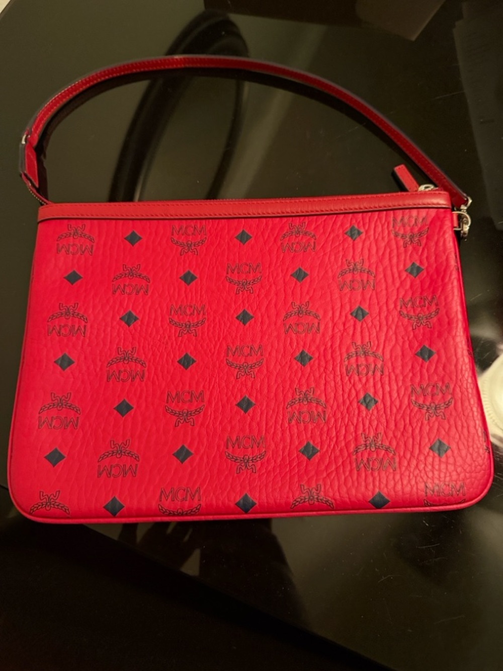 MCM Red Logo Zip Wristlet Clutch